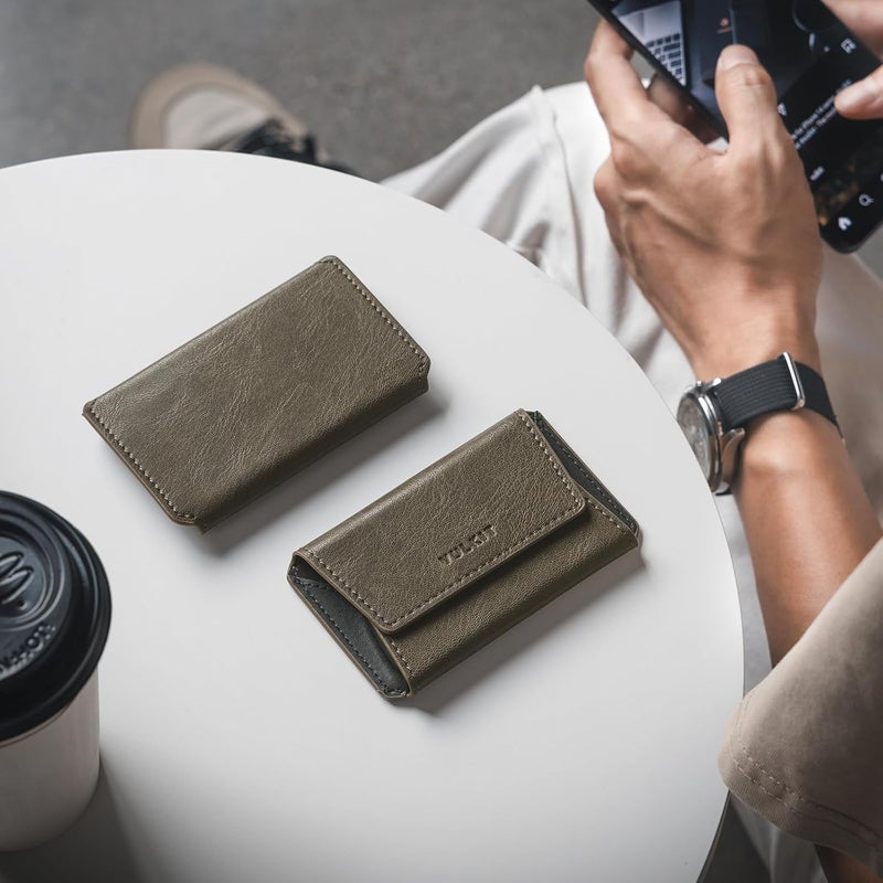 VULKIT حافظة بطاقات عمل جلدية للرجال، محفظة بطاقات عمل نحيفة، حافظة بطاقات الاسم، تحمل 20 بطاقة عمل زيتوني - Image 2